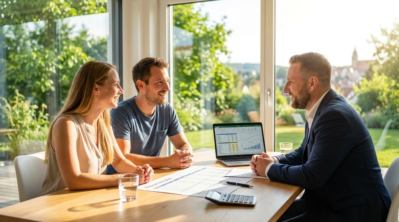 Ein Paar sitzt einem Berater am Tisch gegenüber, im Hintergrund ein Laptop mit Finanzierungstabelle, Tilgungsplan und Taschenrechner liegen auf dem Tisch