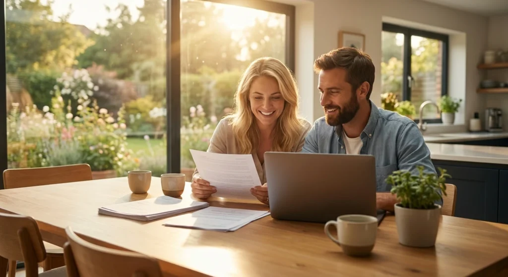 Paar sitzt am Küchentisch bei Sonnenlicht und prüft gemeinsam Finanzierungsunterlagen neben einem Laptop